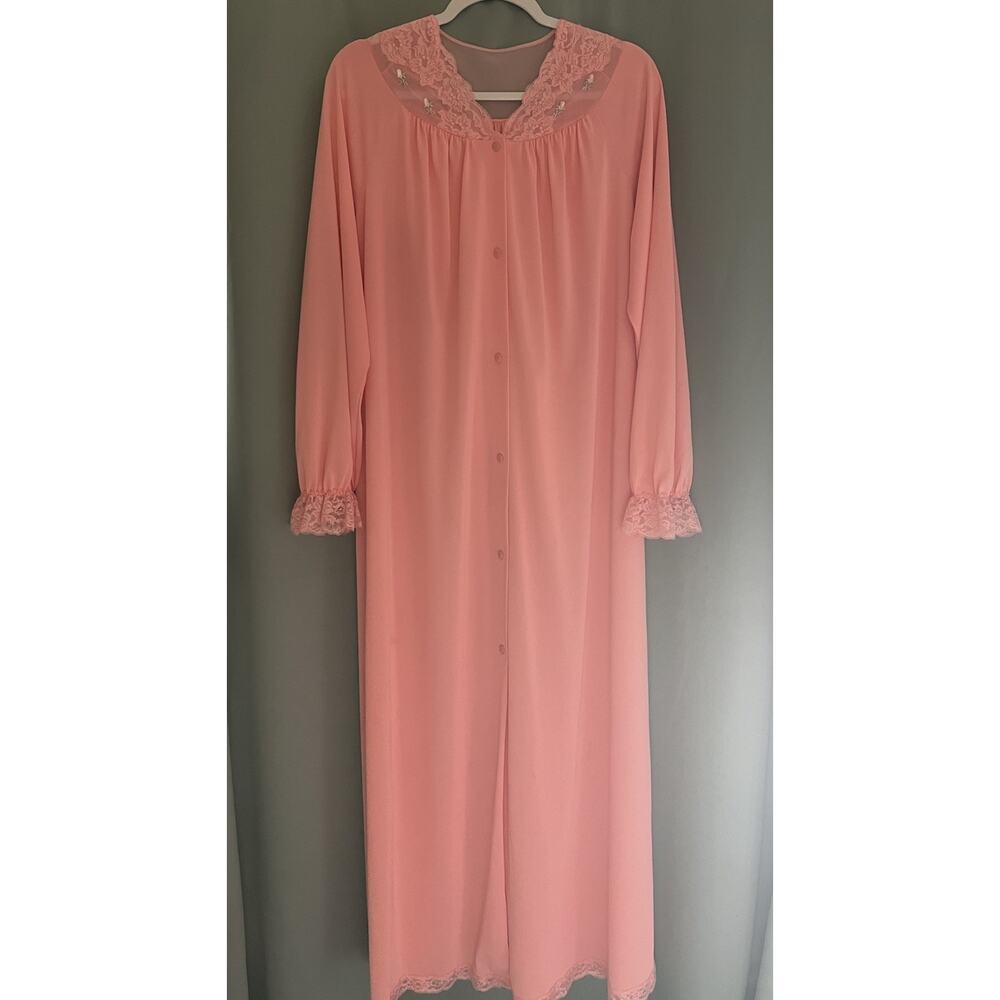 Vintage Shadowline Peach Button-Down w/ Lace Robe Housecoat Duster M